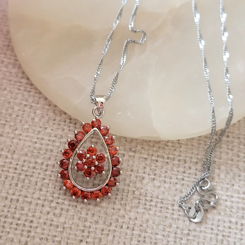 Simulated Garnet Gemstone Teardrop Necklace Cubic Zirconia 925 Silver Tone